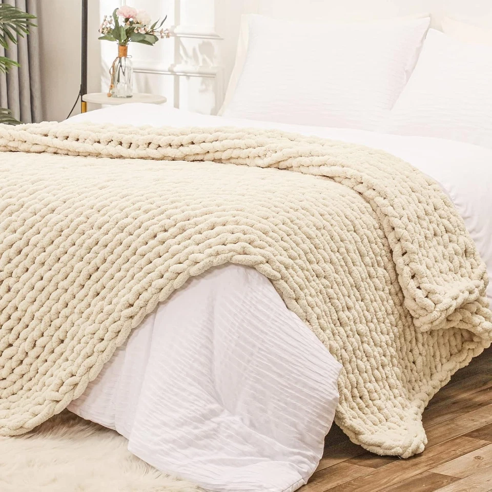 Chenille Yarn Blanket, 80x90 inches, Beige - Image 3 of 4