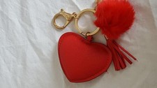 CHUNKY RED HEART PURSE CHARM FAUX LEATHER CLIP KEY RING CHAIN POM POM TASSEL