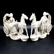 Antique German bisque figural planter pair Horse carriage woman man 26501 C1910