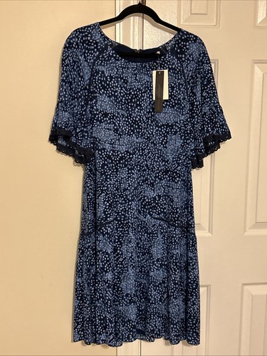 H Halston Dress Sz 14 Blue Polka Dot Lined Lace Trim Short Flutter Sleeve New