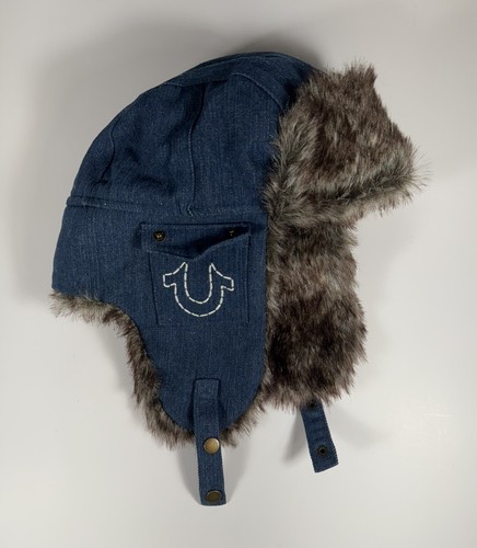TRUE RELIGION Faux Fur Denim Trapper Hat Beanie Blue Men’s OSFA *NEW* - Picture 5 of 9