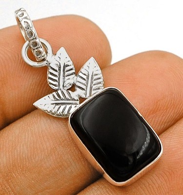 Natural Leaf- Black Onyx - Brazil 925 Solid Sterling Silver Pendant 