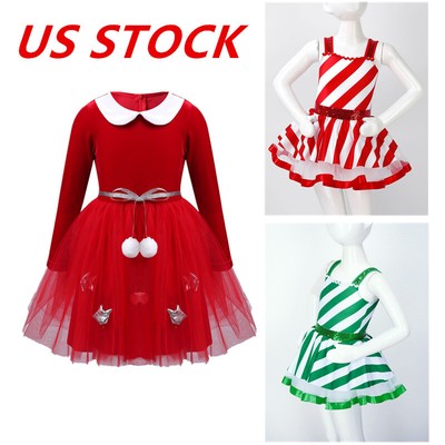 US Girls Christmas Dance Costume Candy Cane Tutu Dress Figure Ice Skating Dress