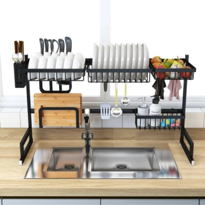 Large Over The Sink Dish Drying Rack 2 Tier Kitchen Counter Dish Rack Black