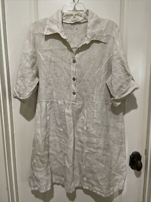 MADE IN ITALY Beige Linen Embroidered Button Shift Tunic Shirt Dress One Size