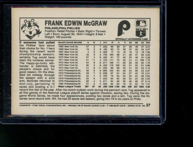 1981 Kellogg's Tug McGraw Philadelphia Phillies #37 - Image 2 of 2