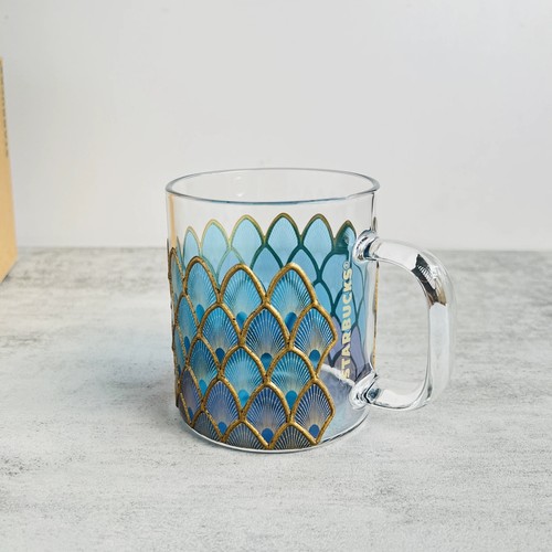 Starbucks Classic Fish Scale Cup Gold Border Glass Coffee Cup 355ml - Picture 3 of 4