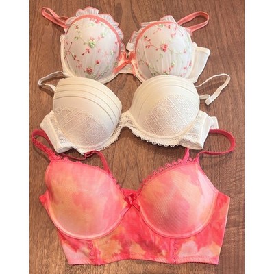 Lot of 3 Womens Bras 36C Q-T Intimates Floral Lace Tie Dye Push Up Longline