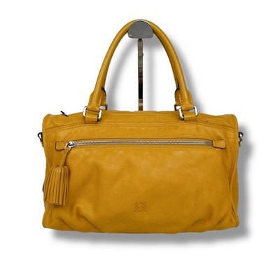 LOEWE Anagram 2Way Mini Boston Bag Yellow Nappa Leather Tassel Shoulder Handbag