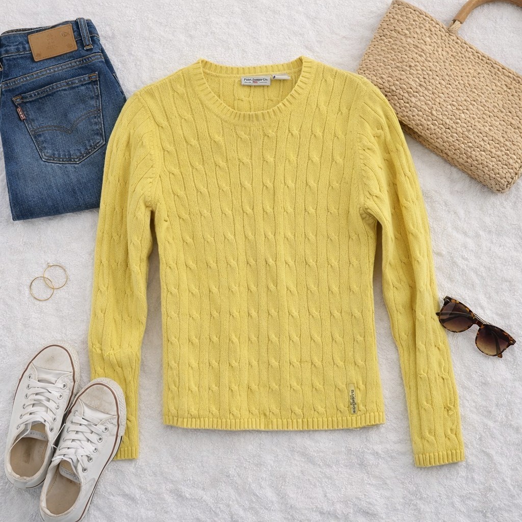 Vtg 90s Polo Jeans Co. Cropped L Sleeve Cableknit Yellow Sweater. Ladies Med.