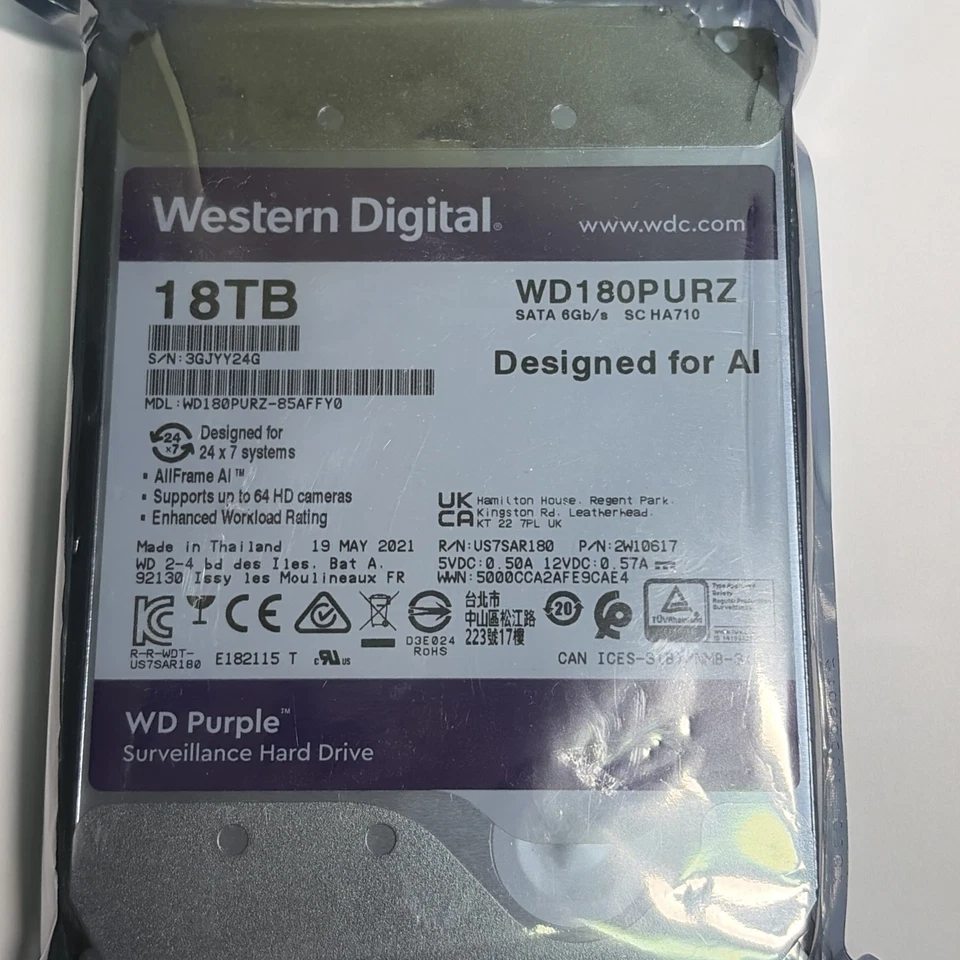 Western Digital Purple 18 TB, Internal, 7200 RPM, 3.5'' (WD180PURZ) Surveillance - Image 2 of 3