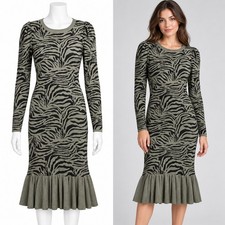 Express Sweater Dress Womens M Olive Green Zebra Print Puff Sleeve Ruffle Hem