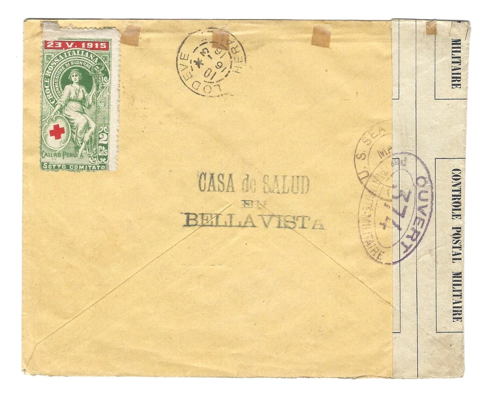 Peru 1916 Registered Censor Cover 6Color Overprints VALF ERROR + Red Cross Stamp - Image 2 of 2