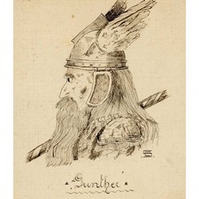 Nibelungen Gunther Männerporträt Flügelhelm Monogramm Tusche Zeichnung um 1920