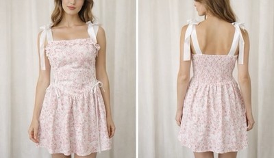 Pink Floral Smocked Mini Dress Sleeveless Tie Shoulder Bow Ruffle Square Neck