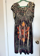 Black Paisley Scoop Neck Cap Sleeve Knee Length Smocked Boho Stretch Dress