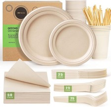 Compostable Paper Plates Set 250pcs Disposable Sugarcane Plates Utensils