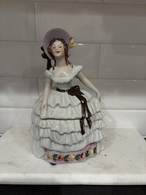 Vintage Fancy Lady Powder Box Or Dresser Trinket Box Doll Porcelain