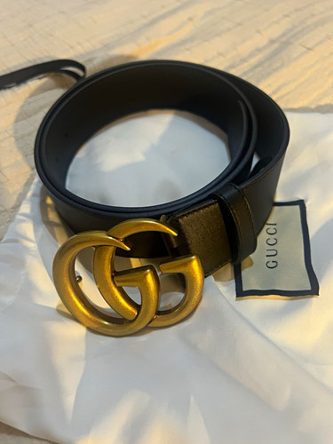 Gucci Black Leather Belt Gold GG Logo Buckle Adjustable Size 85 Waist 34