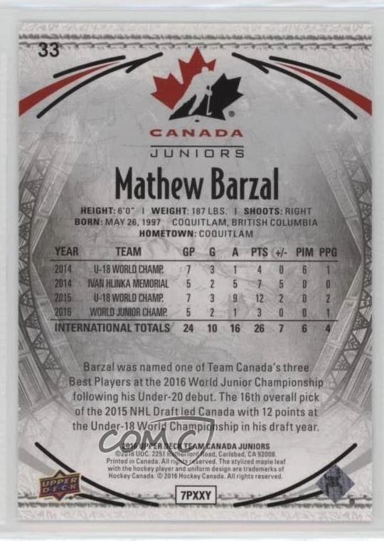 2016 Team Canada Juniors Men's UD Exclusives /175 Mathew Barzal #33 Rookie RC - Image 2 of 2
