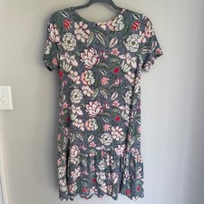 LOFT Blue Pink Floral Short Sleeve Flounce Dress Ruffle Knit Size XS Cottage