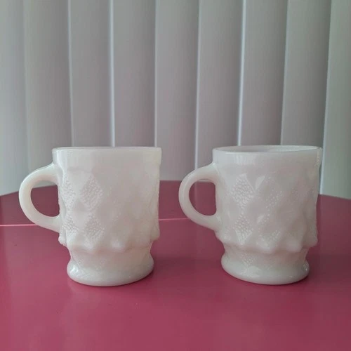 Vintage Fire-King Kimberly Milk Glass Mugs White Diamond Pattern Set of 2 MCM