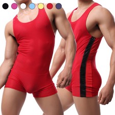 Men One Piece Undershirts Jumpsuits Wrestling Singlet Mesh Breathable Bodysuits