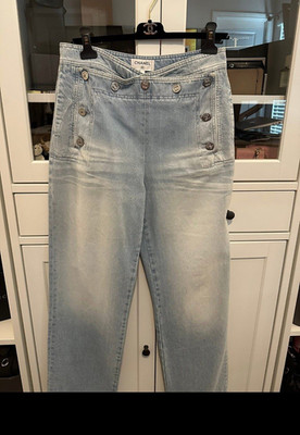 CHANEL Women s Light Wash Blue Denim Bootcut Jeans Button Front Size 40