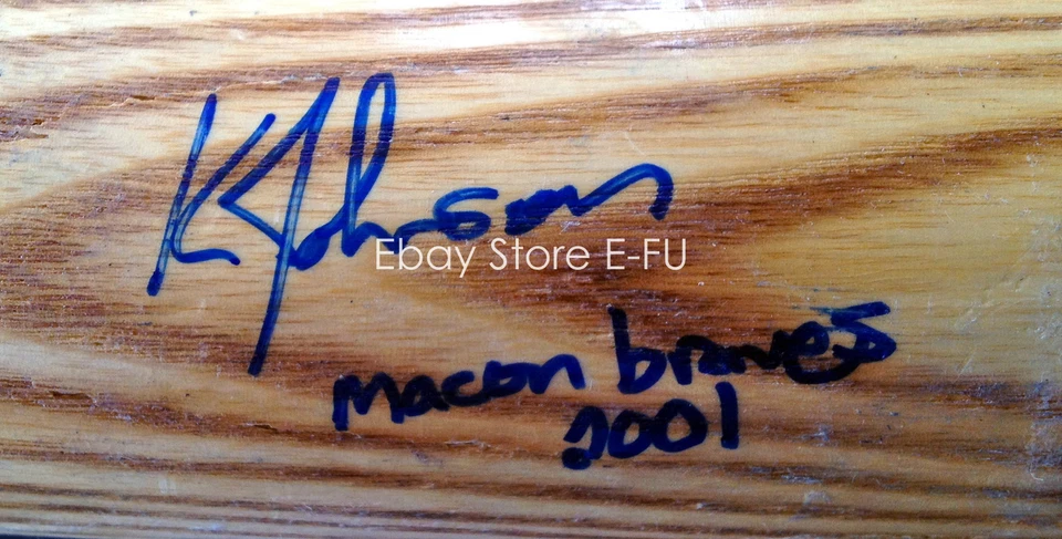 Bate usado de juego raro firmado por Kelly Johnson Macon Braves certificado de autenticidad PSA/DNA automático Foto 2 de 4