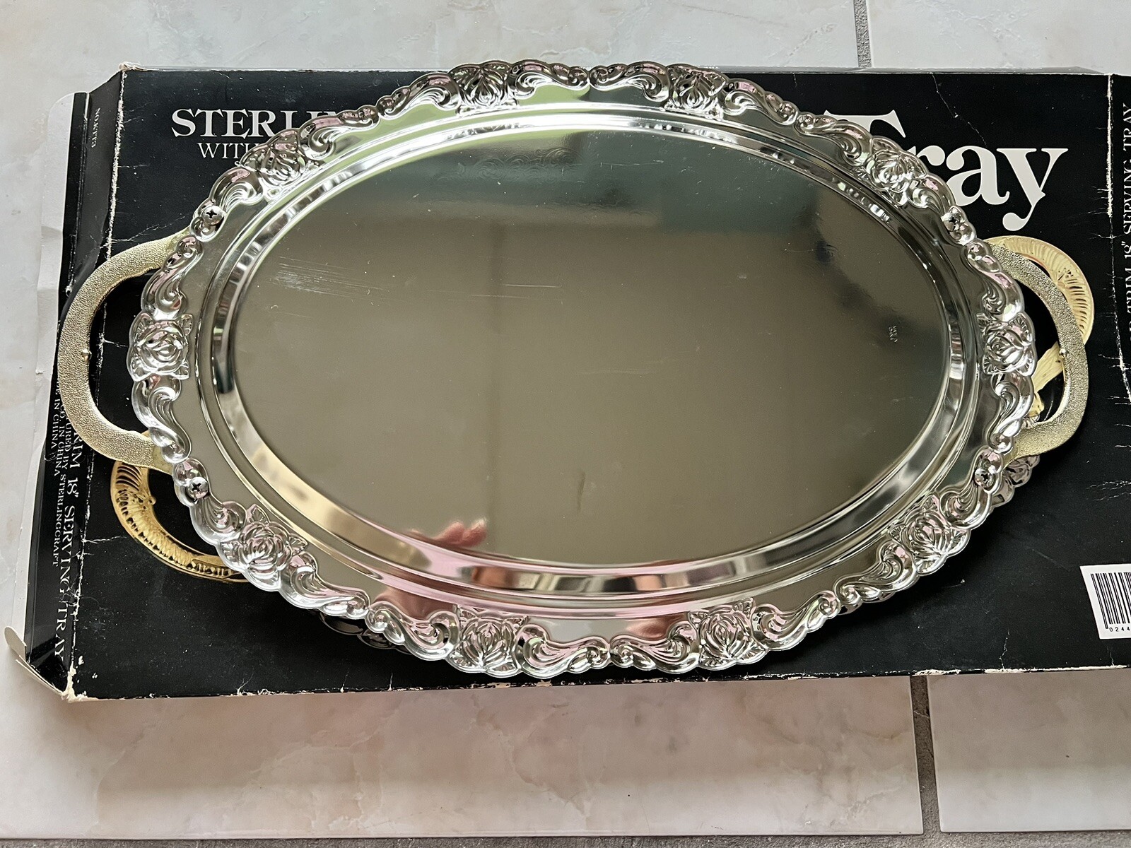 Sterlingcraft Oval Silver Serving 18” Tray Platter Gold Handles Floral