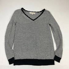 Loft Black White Striped Sweater XS V-Neck Long Sleeve Pullover Lightweight