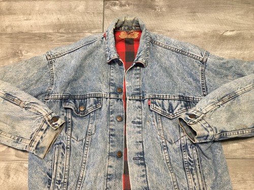 Vintage Levis 70417 0819 Denim Jean Barn Trucker Plaid Lined Jacket Medium Adult - Picture 3 of 10