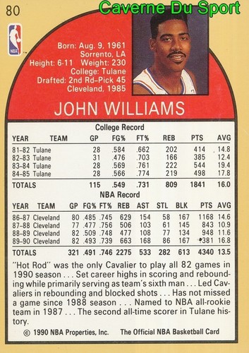 080 JOHN WILLIAMS CAVS CLEVELAND CAVALIERS CARD KARTE BASKETBALL NBA HOOPS 1990 - Bild 2 von 2