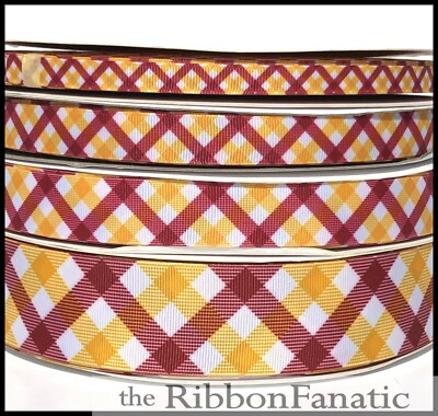 3yds Maroon Gold and White Plaid 3/8'' 5/8'' 7/8'' 1.5'' 3'' Grosgrain Ribbon