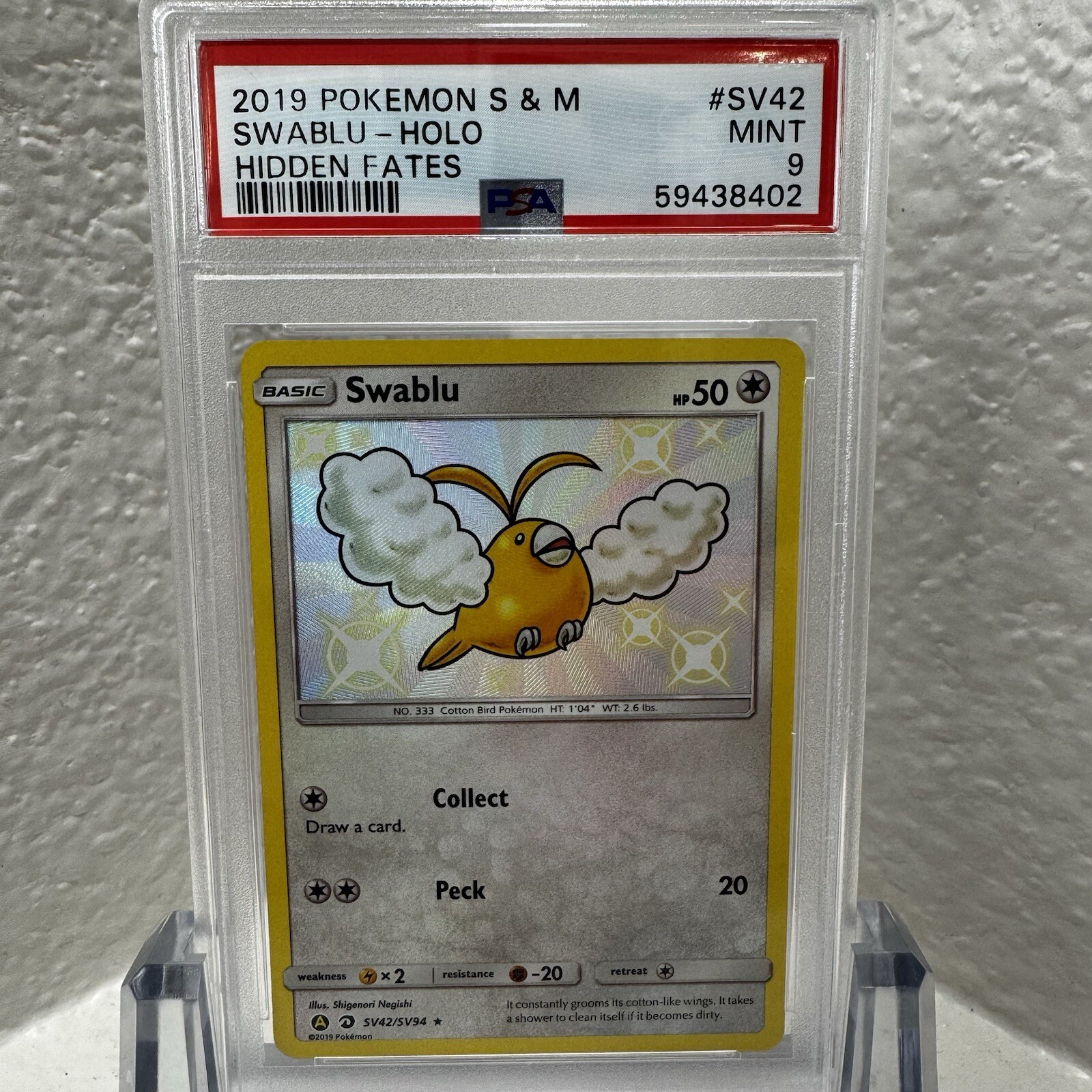 2019 Pokemon Sun & Moon Hidden Fates Shiny Vault #SV42 Swablu Holo - PSA 9 MINT