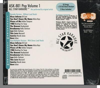 Karaoke CD+G - Pop Volume 1 - New 10 Song All-Star Karaoke CD!
