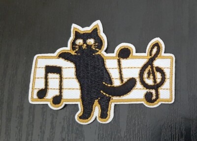 Black Cat On Music Stave sew or Iron On Patch, Fun animal cloth Badge Applique 