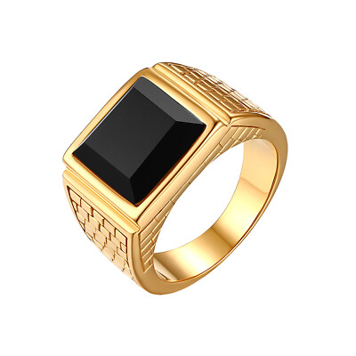 Men's Gold Plated Stainless Steel Black Square Ring Statement Signet Band #7-12