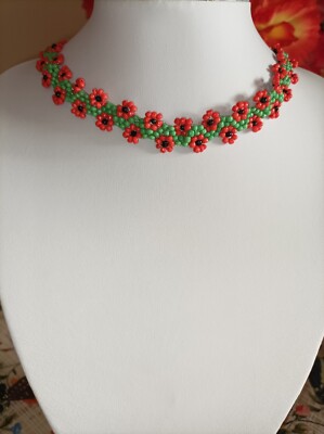 POPPY FLOWER /Seed beads Choker/woman choker necklace Red-green
