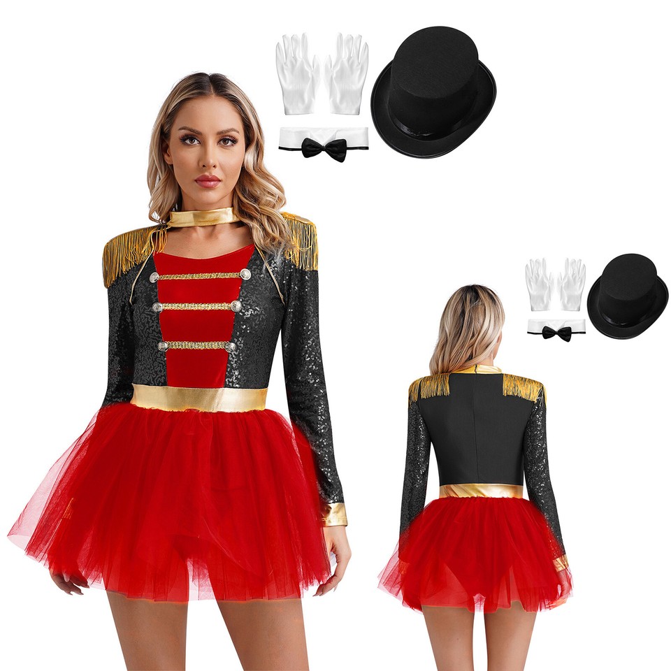 Miaeowve Circus Kostuum voor Kinderen, Directeur Meisje, Strass Glitter, Lange Mouwen, Danspak met Kwasten en Franje, Overall met Ruche, Jumpsuit voor Carnaval, Rood, 146-152