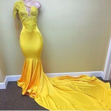 Yellow Mermaid Prom Dress One‑Shoulder Appliques Satin Evening Gown Long Train