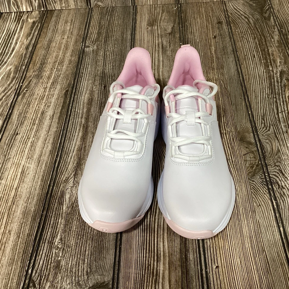 Tênis de golfe FootJoy Prolite FJ couro sem cravos branco rosa feminino 7 LARGO NOVO - Imagem 2 de 4