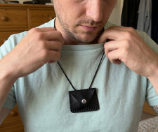Taweez Necklace, Large Black Faux Leather Square Muska Amulet with Prayer Inside
