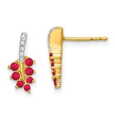 14k Yellow Gold Ruby and Diamond Leaf Post Drop  Dangle Earrings