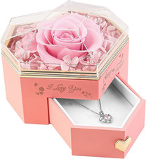 Heart Shape Preserved Real Rose Box with Necklace, Forever I Love You Roses Gift