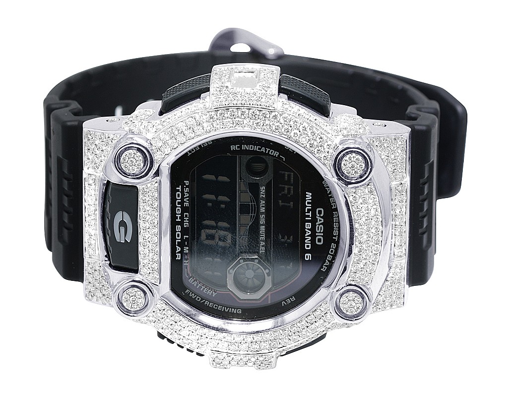 Casio G-Shock Black GW-7900B White Gold Finish Iced Out 7 4/5 CT 