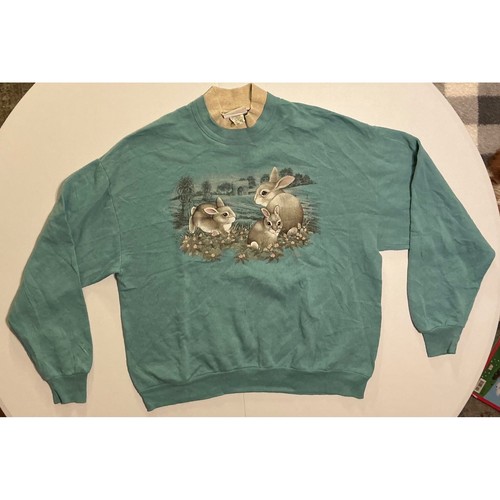 VTG USA Made Granny Bunny Rabbit Sweatshirt Crewneck 90s Teal Mock Neck XL
