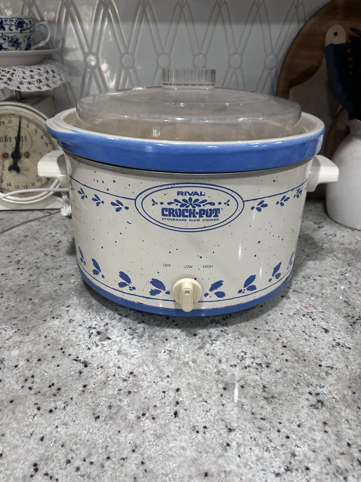 Rival Crock-Pot Stoneware Slow Cooker White Blue Floral Easy Clean