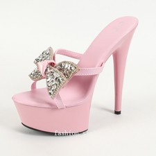 Womens Bowknot Rhinestone Platform Sandals Slippers Super High Stiletto Heels Sz