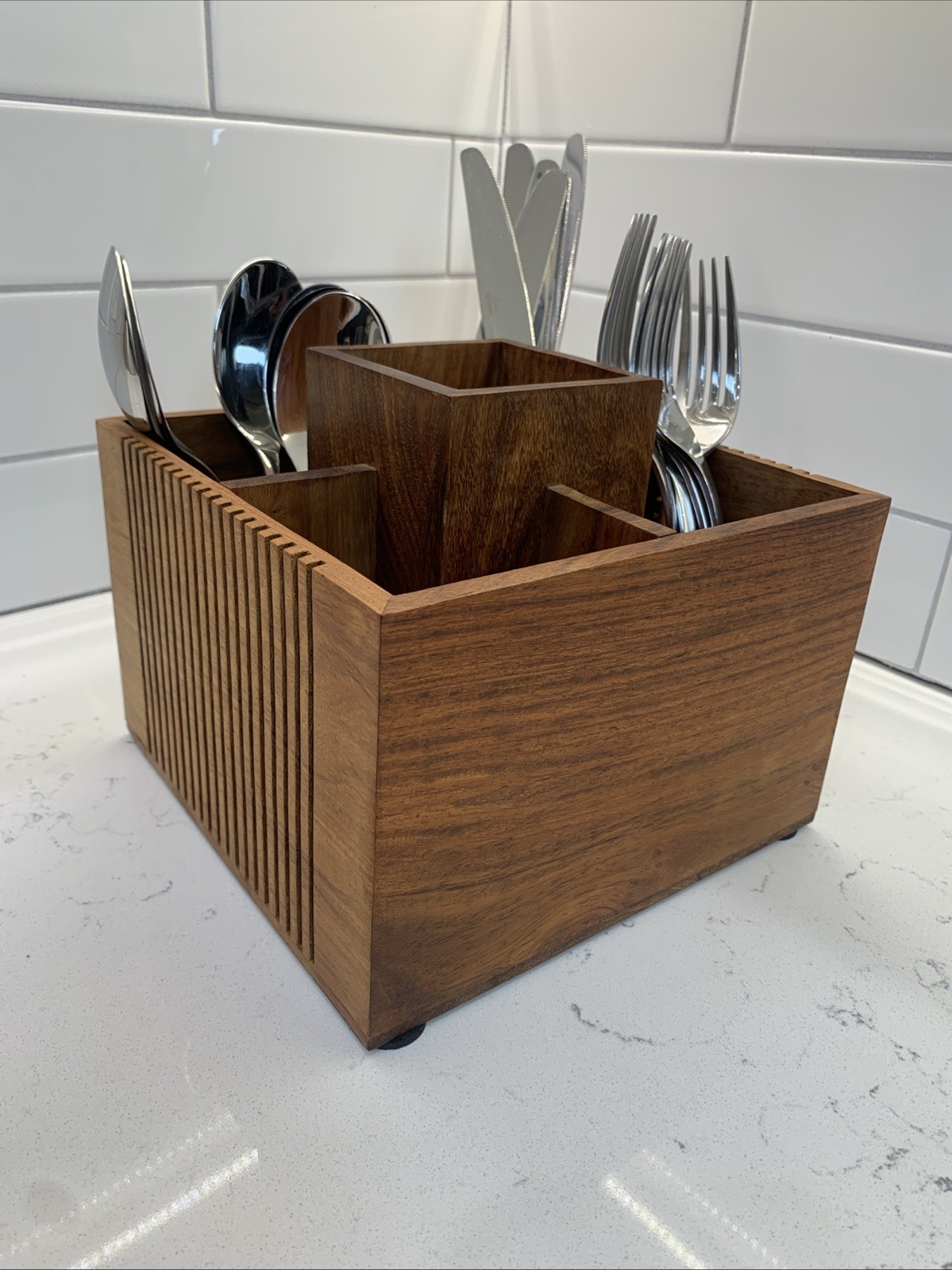 Elegant Wooden Utensil Holder /Caddy.  Slatted Wooden Design With 5 Compartments